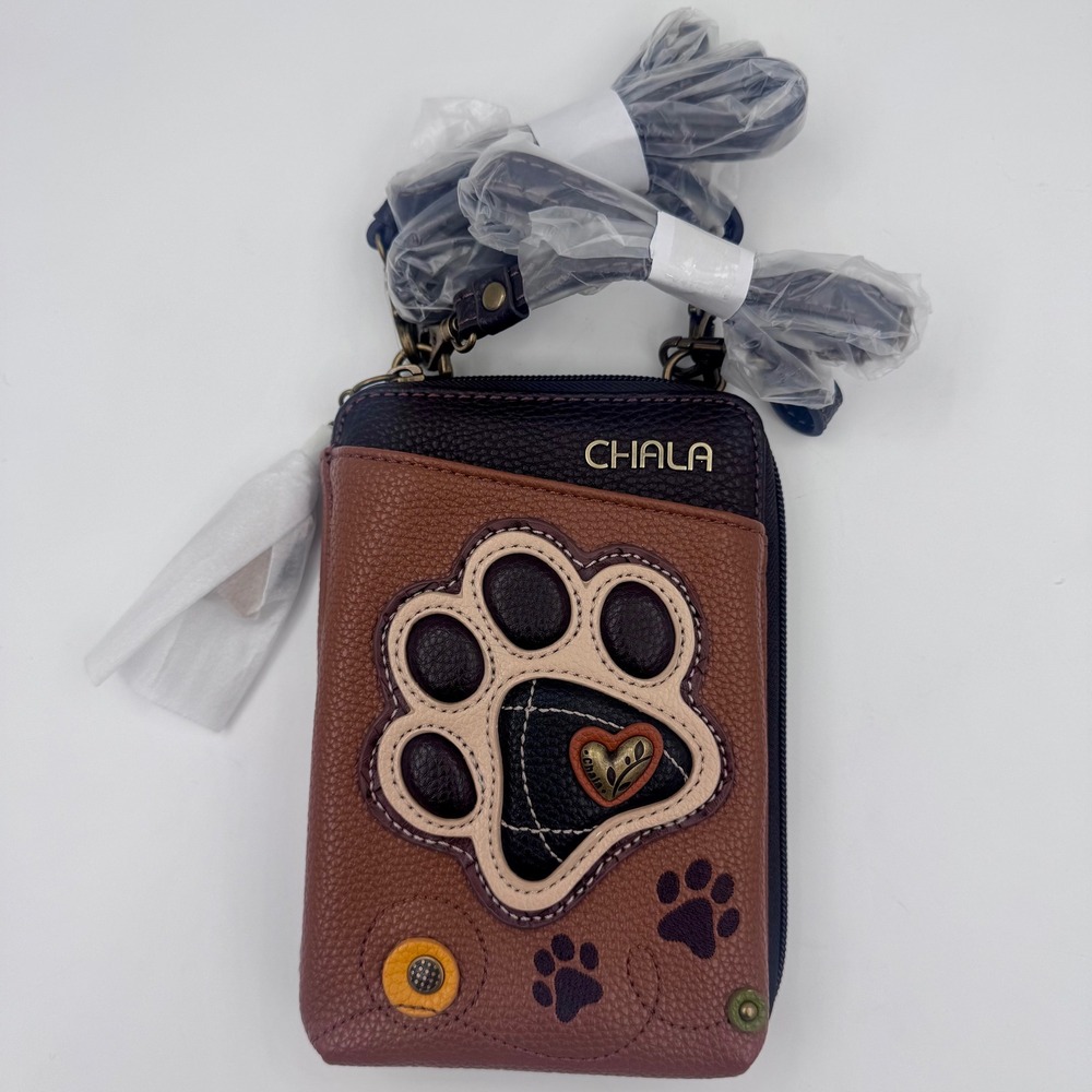 NEW Chala Brown Paw Print Cell Phone Crossbody Wallet Zip Around Purse Dog Heart - Picture 2 of 8